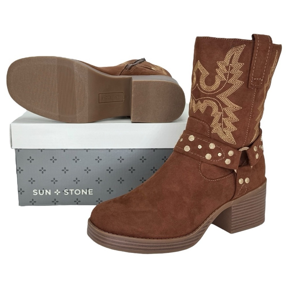 Sun + Stone Norahh Brown Microsuede Embroidered Womens Ankle Boots Size 8M - Picture 14 of 15